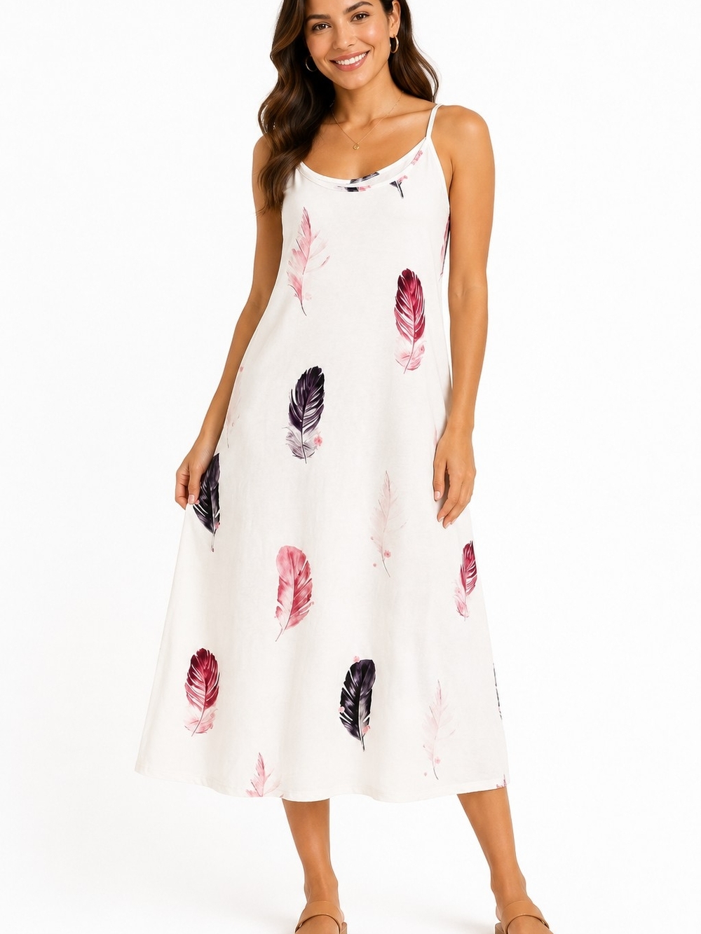 White Feather Print Slip Midi Dress